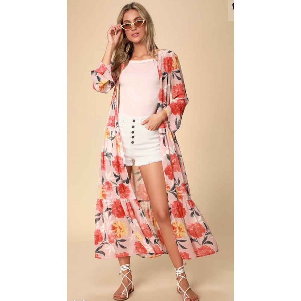 Blush Pink Floral Print Chiffon Tiered Duster